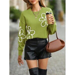 NEW - Floral Patched Drop‎ Shoulder Sweater,Long Sleeve Tops Knit Pullover